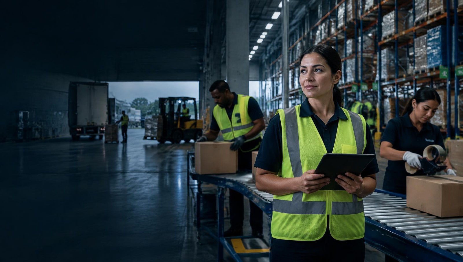 Equipe operacional integrada em centro logístico